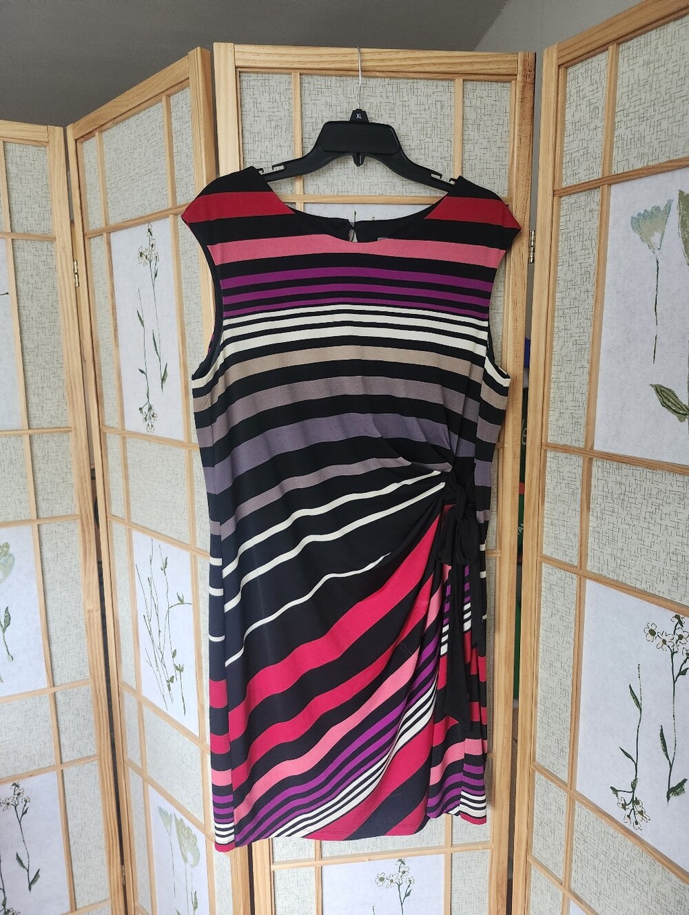 Roz & Ali Black, Pink and Purple Striped Sleeveless Dress with Side Tie